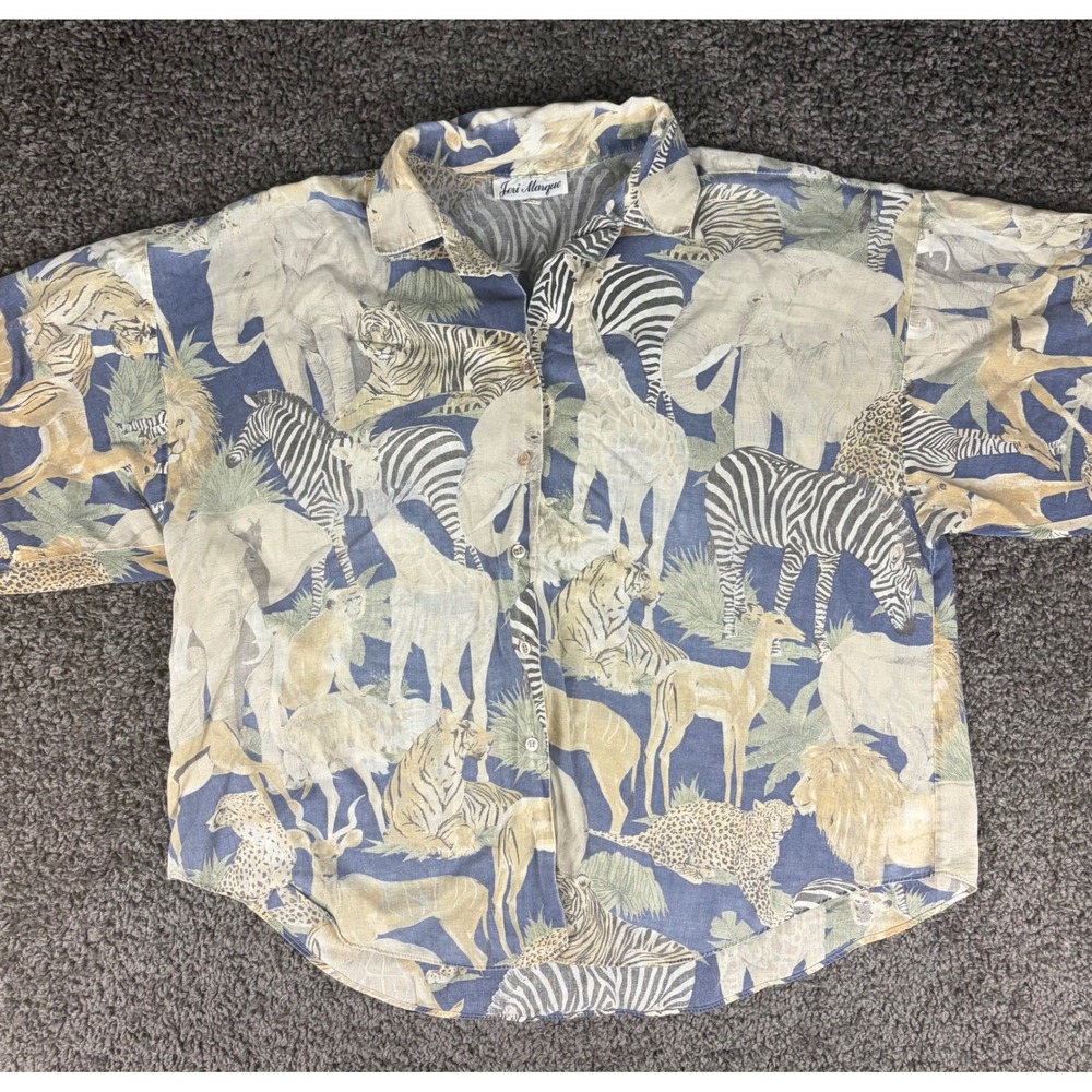 Vintage Jeri Marque Safari Animal Print Button Front Blouse XL Blue Short Sleeve